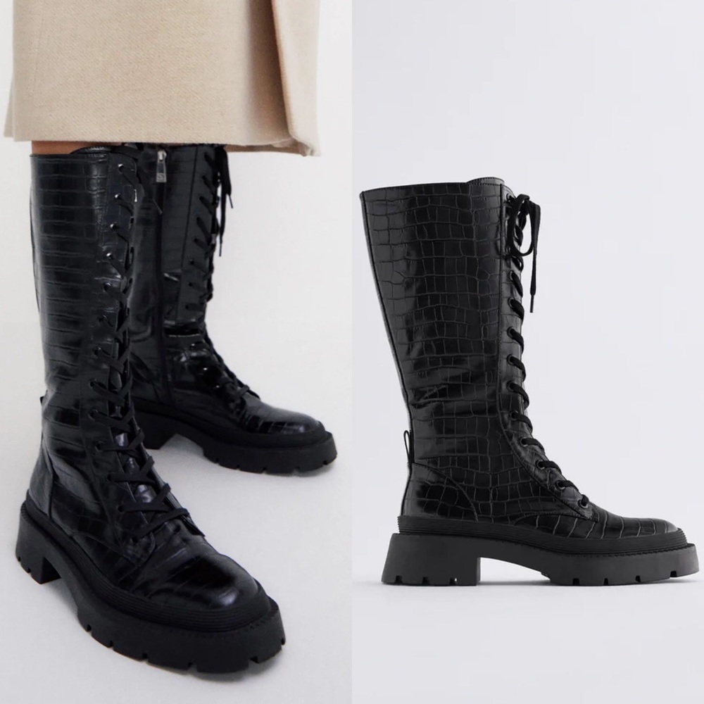 Zara Black Croc-Embossed Lace-Up Knee Boots